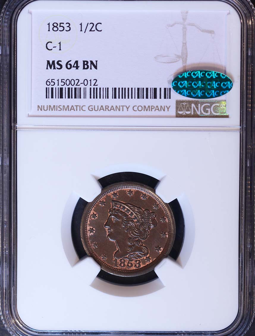 1853 Braided Hair Half Cent 1/2C Coin PCGS AU55